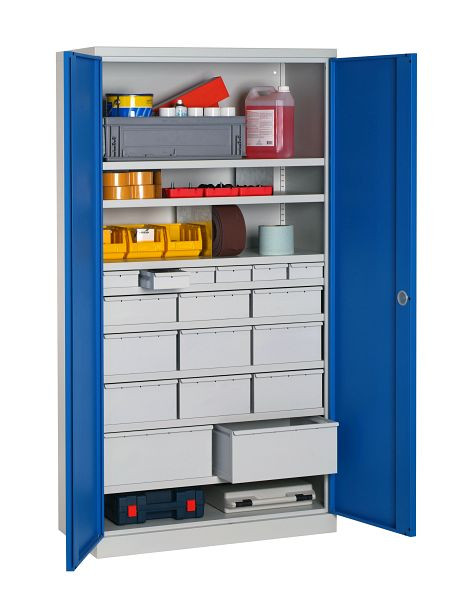 SOFAME meuble d'atelier équipé 1000x500x1950mm, 6 tiroirs + 3 tiroirs + 6 tiroirs + 2 tiroirs + 8 étagères, bleu ciel, W030090033GCBI
