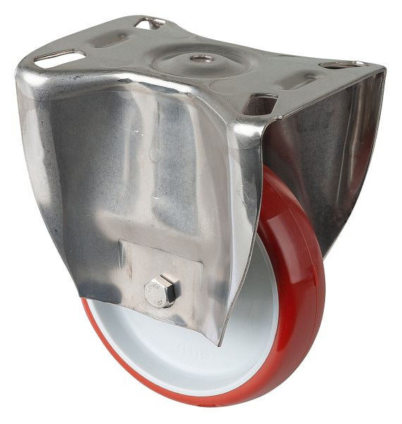 Rouleau de transport BS rollers inox, rouleau fixe, largeur 32 mm, Ø125 mm, jusqu'à 180 kg, bande de roulement polyuréthane rouge, plastique, palier lisse, plaque, H110.B26.126
