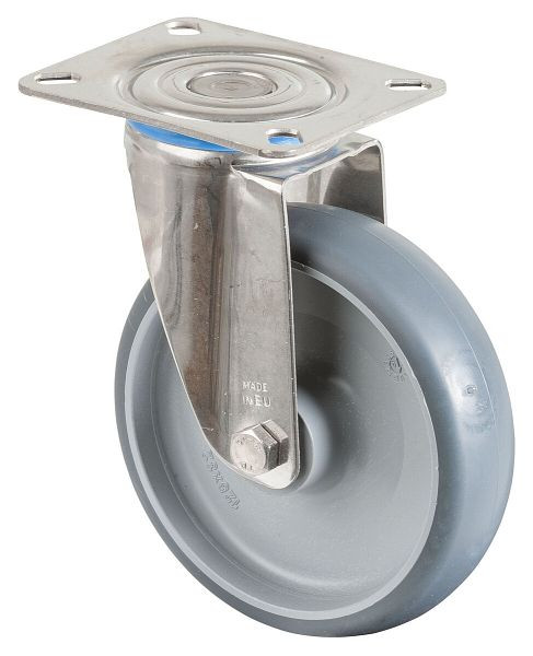 Rouleau de transport en inox BS rollers, largeur 35 mm, Ø125 mm, jusqu'à 100 kg, pneus thermoplastiques gris, corps de roue en plastique, palier lisse, plateau, H100.B43.125