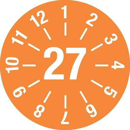 Autocollant de test DENIOS "27", avec lignes, orange, film, autocollant, 30 mm, paquet : 5 feuilles de 15 pièces, 290084