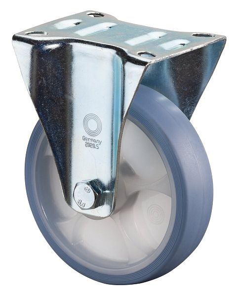 Rouleaux de transport à rouleaux fixes BS, roue en caoutchouc thermoplastique, pneu bleu clair, roulement à rouleaux, plaque, diamètre : 125 mm, paquet : 2 pièces, L410.B44.126.05