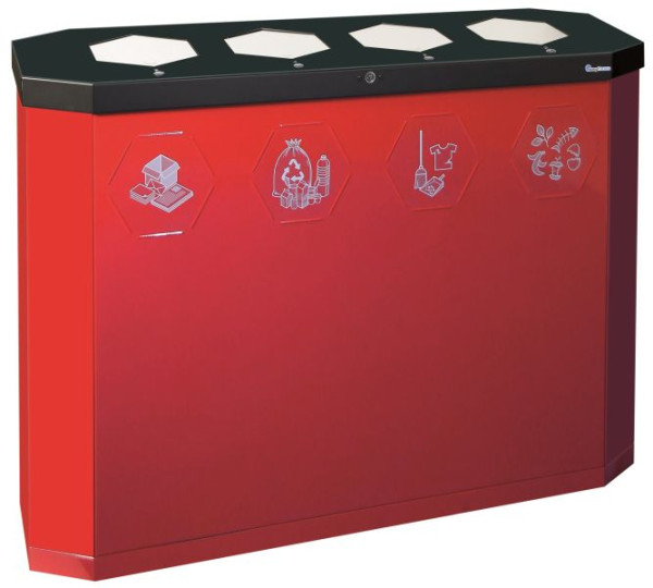 Blunt Sixco 4 Swing Station de recyclage 4 compartiments, 4 x 45 litres, rouge rubis lisse-brillant, 830x1200x355 mm (HxLxP), avec rabats en acier inoxydable, 560-180-02