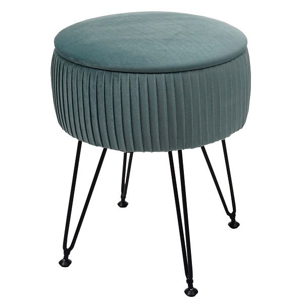Tabouret Mendler HWC-K47, tabouret avec compartiment de rangement, Ø 33cm, aspect velours, vert, cadre noir, 94409