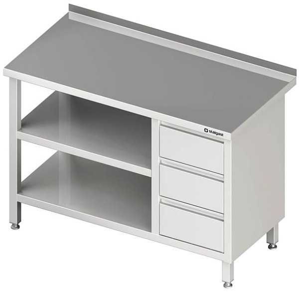 Table de travail Stalgast avec base et étagère intermédiaire, 900x700x850 mm, avec bloc 3 tiroirs à gauche, avec dosseret, soudé, VAT09710LA