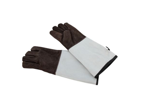 Gants de cuisson en cuir Schneider 250 °C 5 doigts, 450 mm, marron, avec manchette grise, UE : 1 paire, 310023