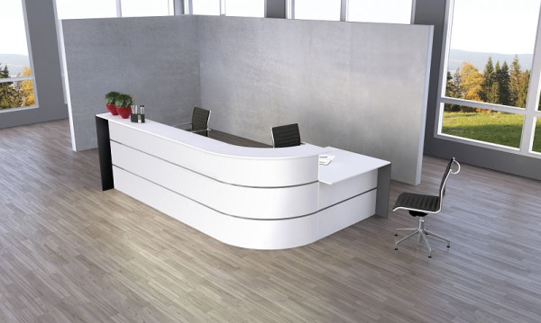 Kerkmann Bari grand comptoir en L avec bureau de consultation, L 3700 mm x P 2000 mm x H 1120 mm, couleur : blanc/anthracite, 21356810