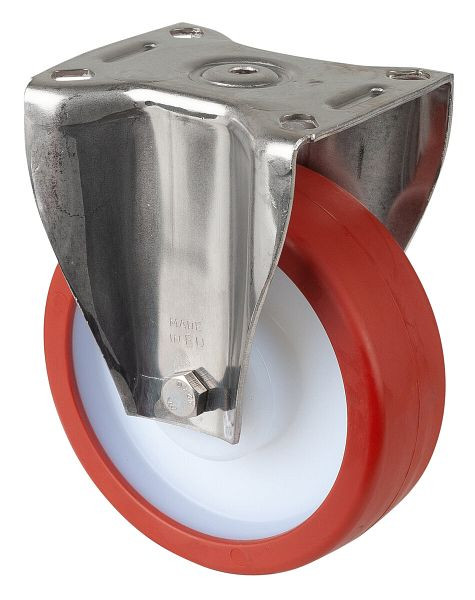 BS Rolls Roulette robuste en inox, roulette fixe, largeur 40 mm, Ø125 mm, jusqu'à 300 kg, polyuréthane rouge, corps en plastique, roulement à rouleaux en inox, HS110.B28.125