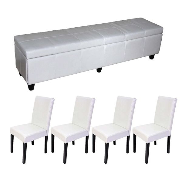 Banc Mendler avec rangement Kriens XXL + 4 chaises Littau, cuir, blanc, 2x17416 + 17424