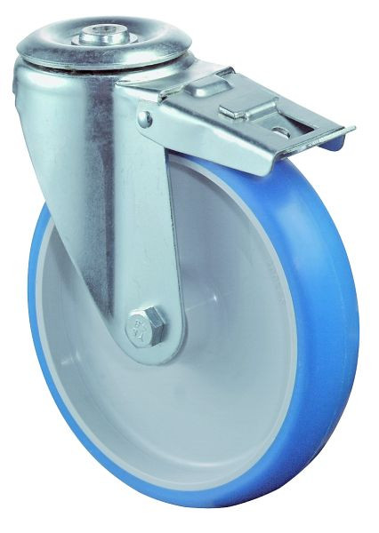 Rouleau de transport BS rollers avec frein, largeur 45 mm, Ø200 mm, jusqu'à 250 kg, bande de roulement polyuréthane bleu, corps en plastique, roulement à rouleaux, L121.B36.200
