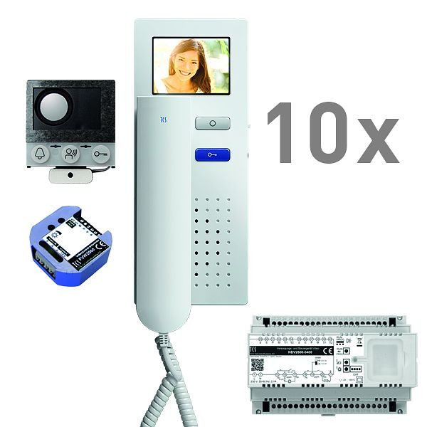 Boîte vocale encastrable vidéo TCS, 10 unités résidentielles, haut-parleur encastrable ASI12000 + 10x interphone IVH3222, appareil de commande + transmetteur vidéo bifilaire, PVIH100/001
