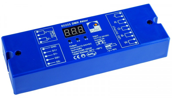 rutec Projekt Actionneur DMX 384W / 12V 768W / 24V Actionneur DMX multicolore 4x1 canaux 3/4 adresses, PHZ205