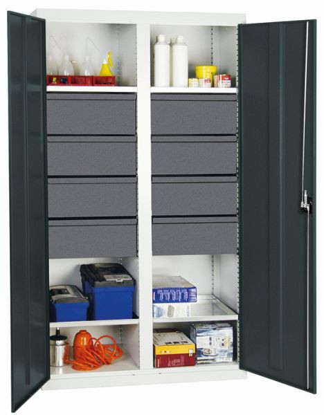 armoire à outils et matériel série 3000, 7035/7016, 8 tiroirs 200 mm, cloison centrale, 4 tablettes, 3004671