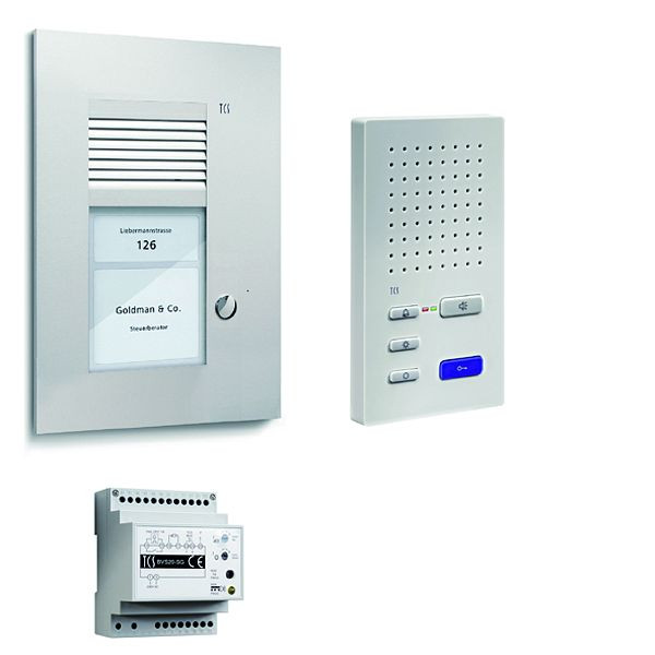 Système de commande de porte audio TCS : pack UP pour 1 unité résidentielle, avec poste extérieur PUK 1 bouton de sonnerie, 1x haut-parleur mains libres ISW3130, unité de commande BVS20, PSU2210-0000