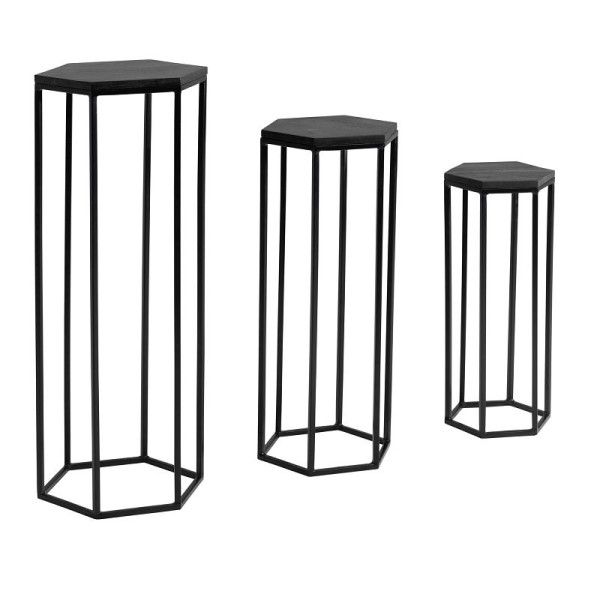 Wohnling – lot de 3 tables d'appoint en bois massif de manguier/métal, colonne hexagonale, table pour plantes, support à fleurs noir, 3 pièces, WL6.727