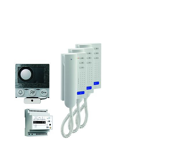 TCS audio:pack installation pour 3 unités résidentielles, avec haut-parleur intégré ASI12000 + 3x interphone ISH3030 + centrale BVS20, PAIH030/004