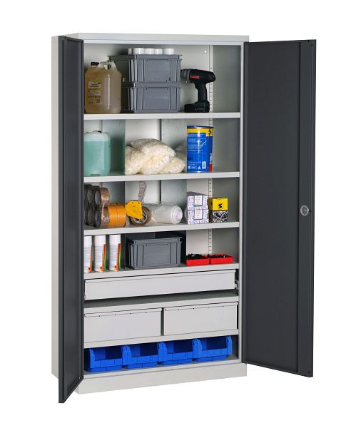 Meuble d'atelier équipé SOFAME 1000x500x1950mm, 1 tiroir télescopique (890x100) + 2 tiroirs (445x160) + 6 étagères, gris anthracite, W030090035GCGA
