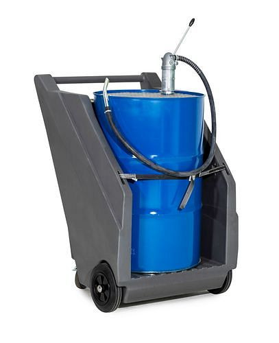 Système de pompe mobile DENIOS pour huiles minérales, chariot porte-fût en PE et pompe à main moulée sous pression, 271-343