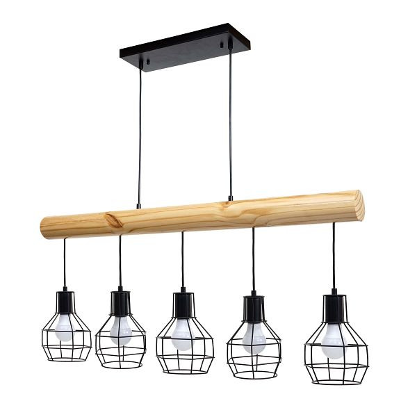 Suspension Mendler HWC-H83, lampe suspendue suspension, vintage industriel bois massif métal noir, 5 abat-jour en treillis, 74212