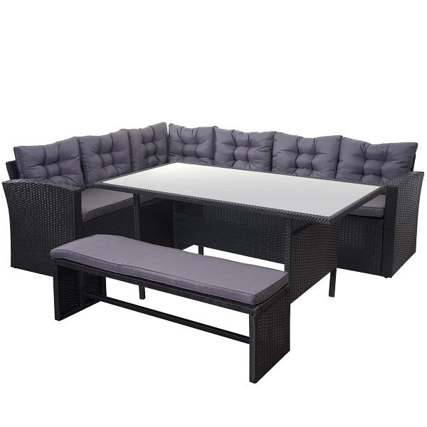 Ensemble de polyrotin Mendler HWC-A29, ensemble de jardin, ensemble de table à manger de salon, noir, coussins gris foncé, avec banc, 64390+64391