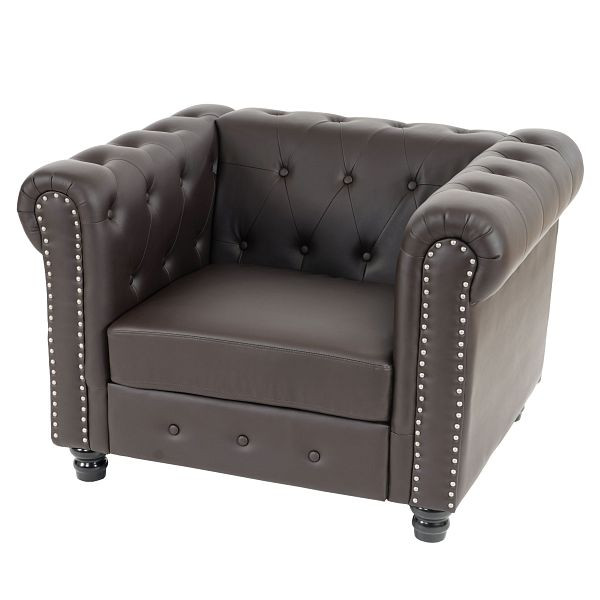 Mendler fauteuil de luxe chaise longue chaise de relaxation Chesterfield simili cuir, pieds ronds, marron, 31985+31986+31987