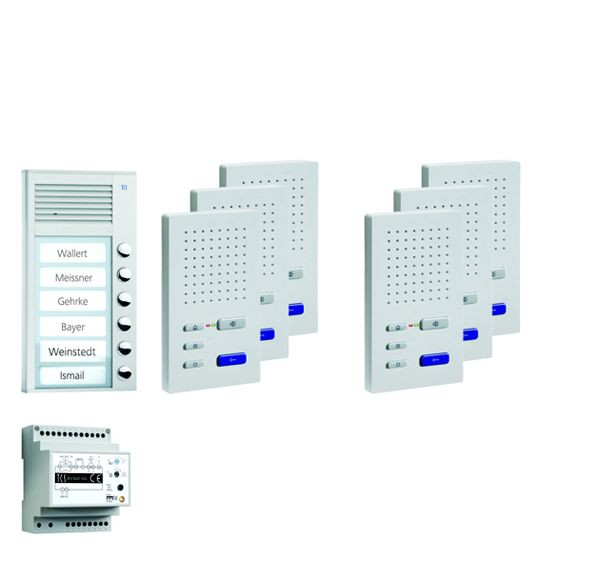 Système de commande de porte audio TCS : pack AP pour 6 unités résidentielles, avec poste extérieur PAK 6 boutons de sonnerie, 6x haut-parleur mains libres ISW3030, unité de contrôle BVS20, PPAF06-EN / 02