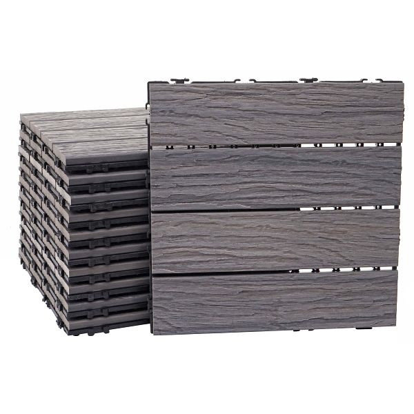 Carrelage de sol Mendler WPC HWC-E19, balcon/terrasse aspect bois, structure linéaire 3D, brun antique, 11x chaque 30x30cm = 1m², 65167